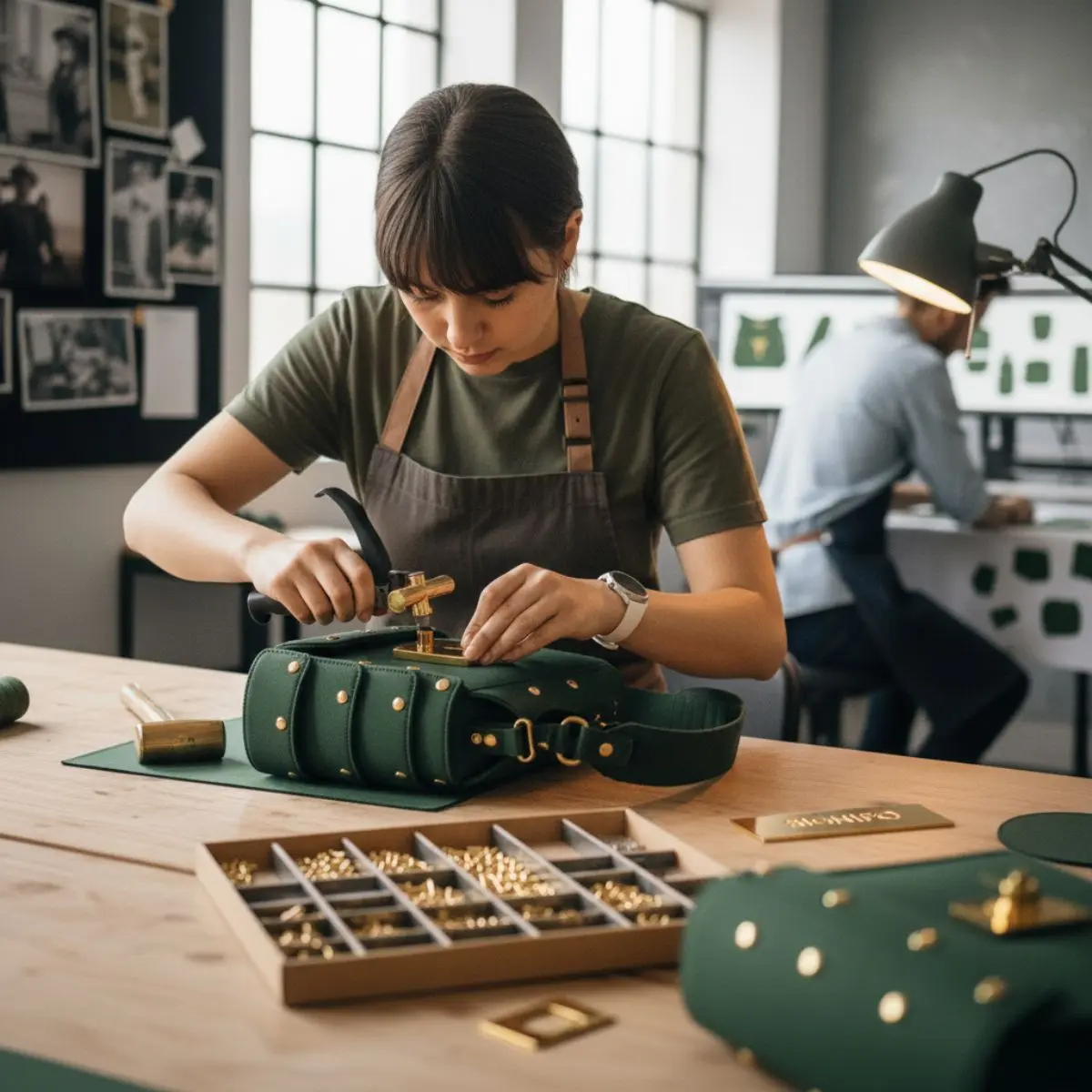 Pemasangan perangkat keras dan detail tambahan pada tas