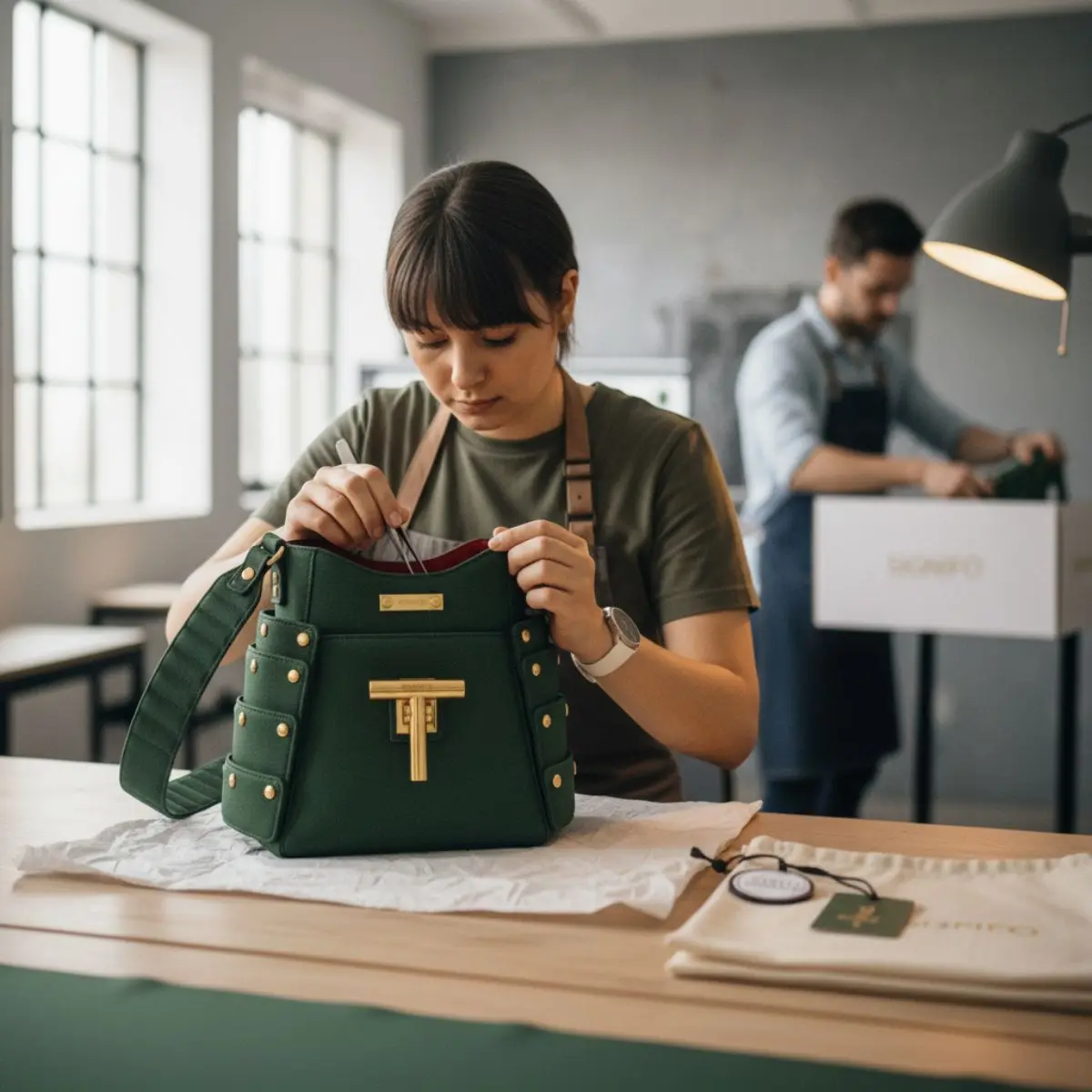 Pemeriksaan kualitas akhir dan finishing tas