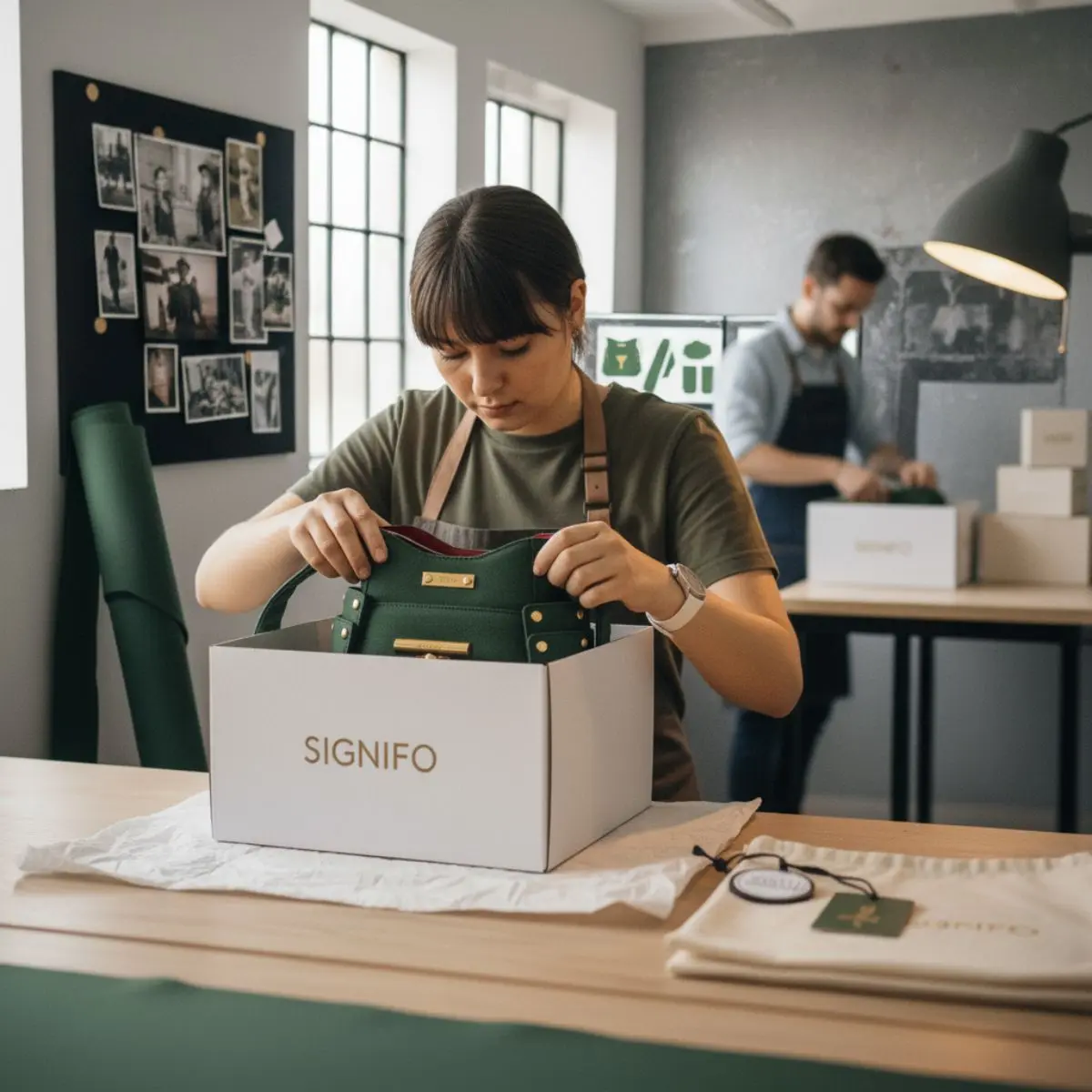 Proses pengemasan tas Kabuto dalam kotak eksklusif