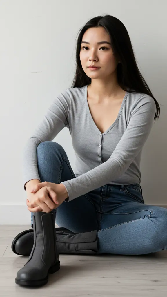 Seorang wanita duduk santai di lantai, menampilkan detail sepatu boots Stealth Sentinel yang dikenakannya.