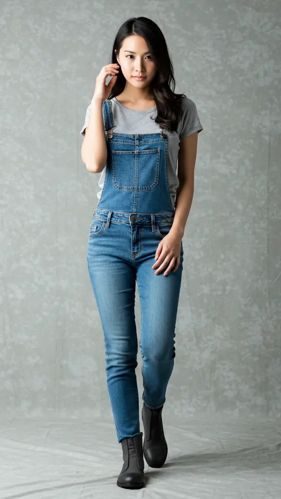 Seorang wanita dengan overall jeans dan T-shirt abu-abu, melengkapi penampilannya dengan sepatu boots Stealth Sentinel.