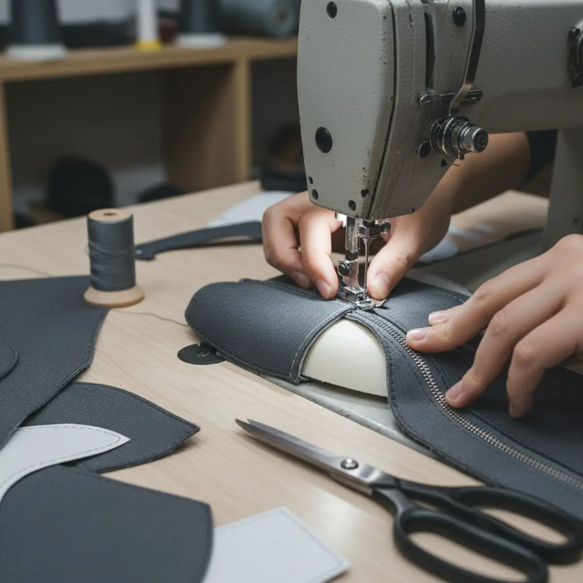 Tahap 2: Menjahit bagian upper sepatu boot.