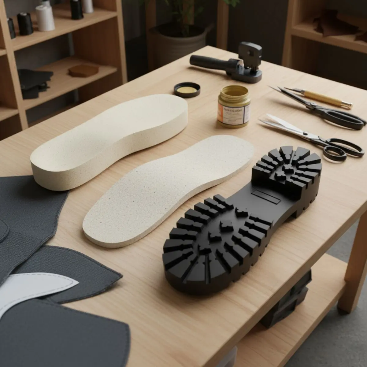 Tahap 3: Menyiapkan sol sepatu boot berwarna putih dan sol hitam.