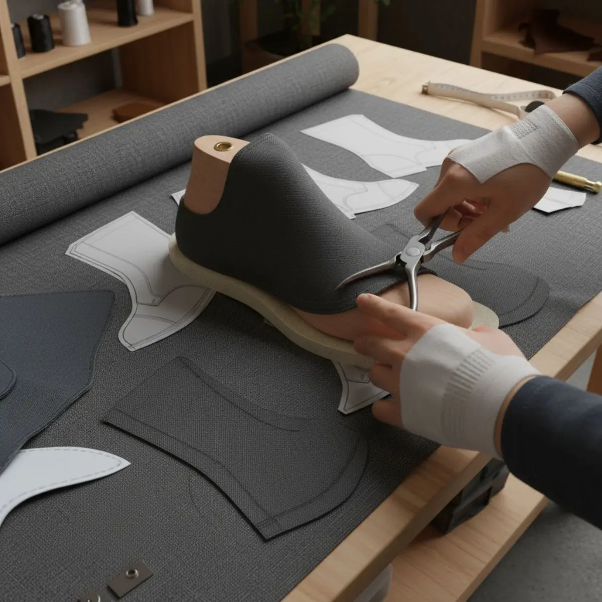 Tahap 4: Merakit bagian upper pada sol sepatu.