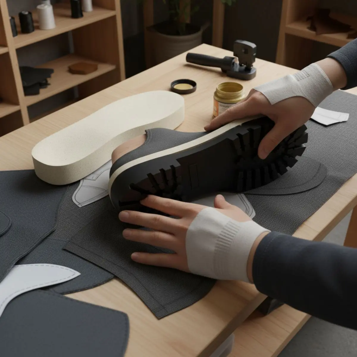 Tahap 5: Menempelkan sol pada sepatu boot abu-abu.