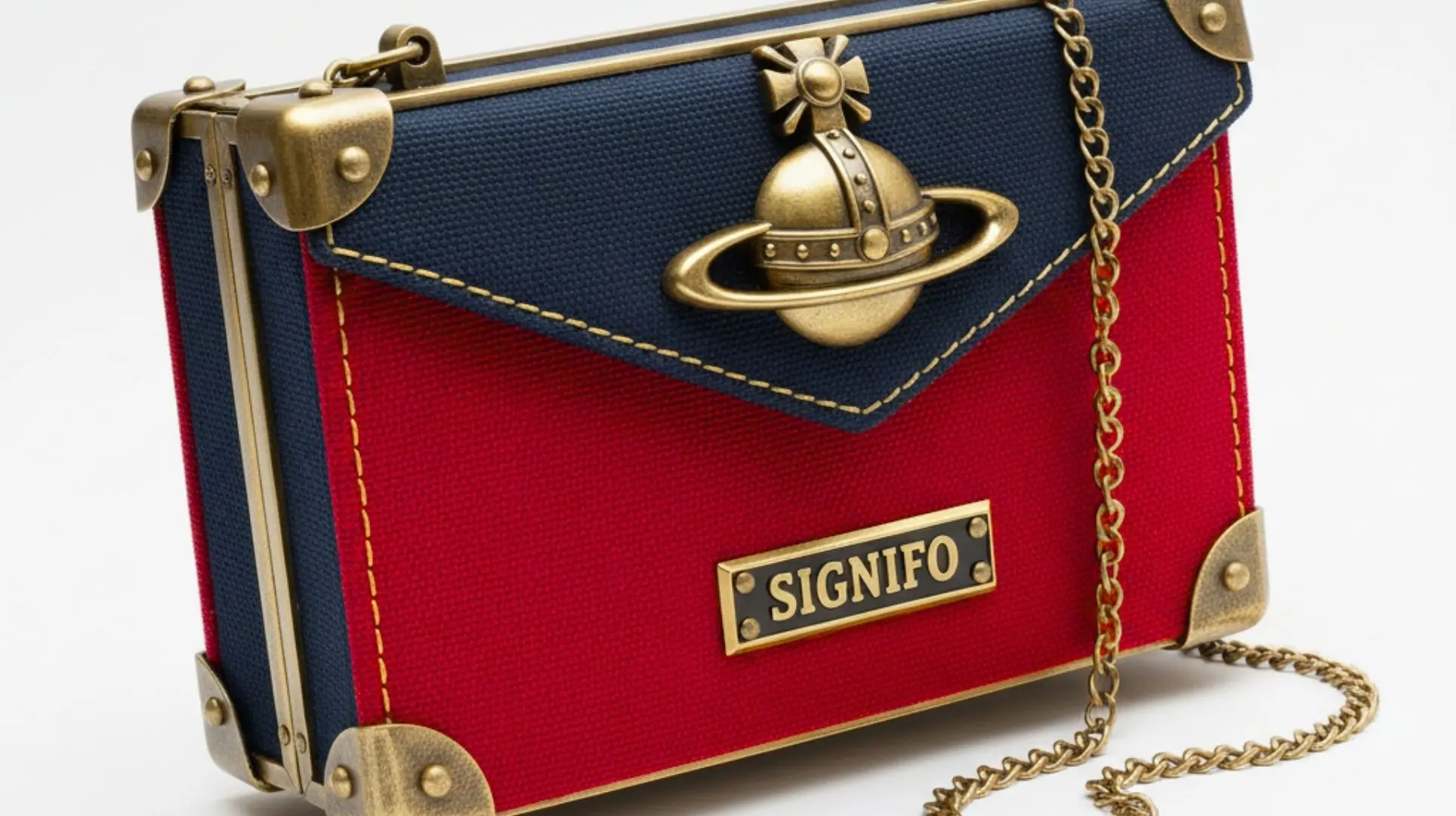 Tas tangan Orb Weaver's Reliquary Signifo berbahan kanvas polyester merah dan biru dengan ornamen emas.