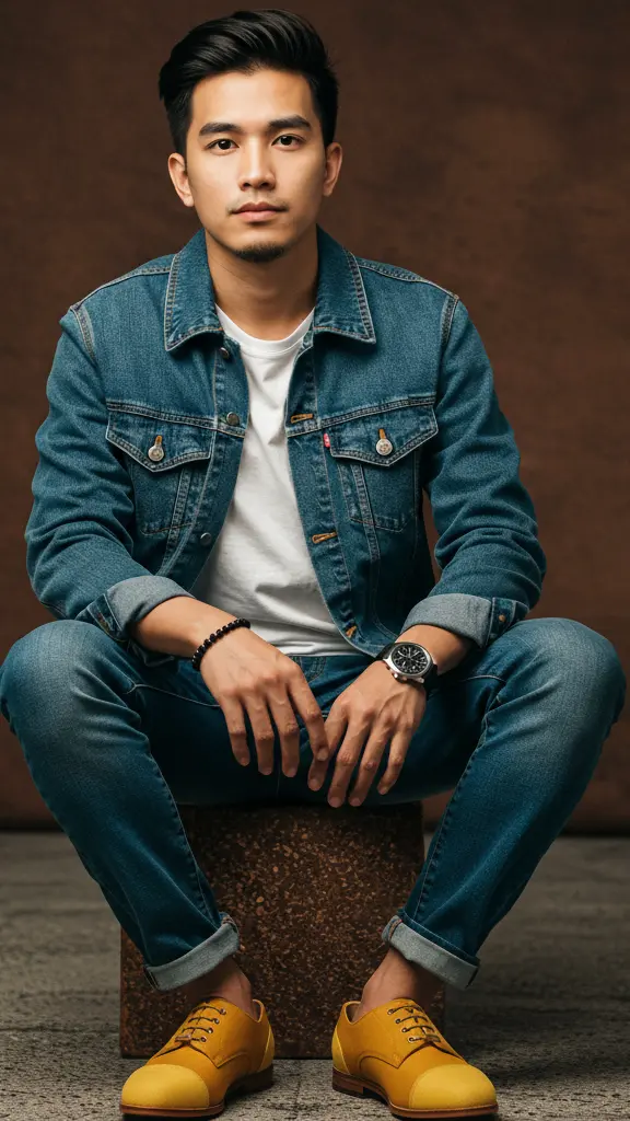 Seorang pria duduk santai mengenakan jaket denim dan sepatu oxford S.R. Auereate Stride Marigold Yellow.