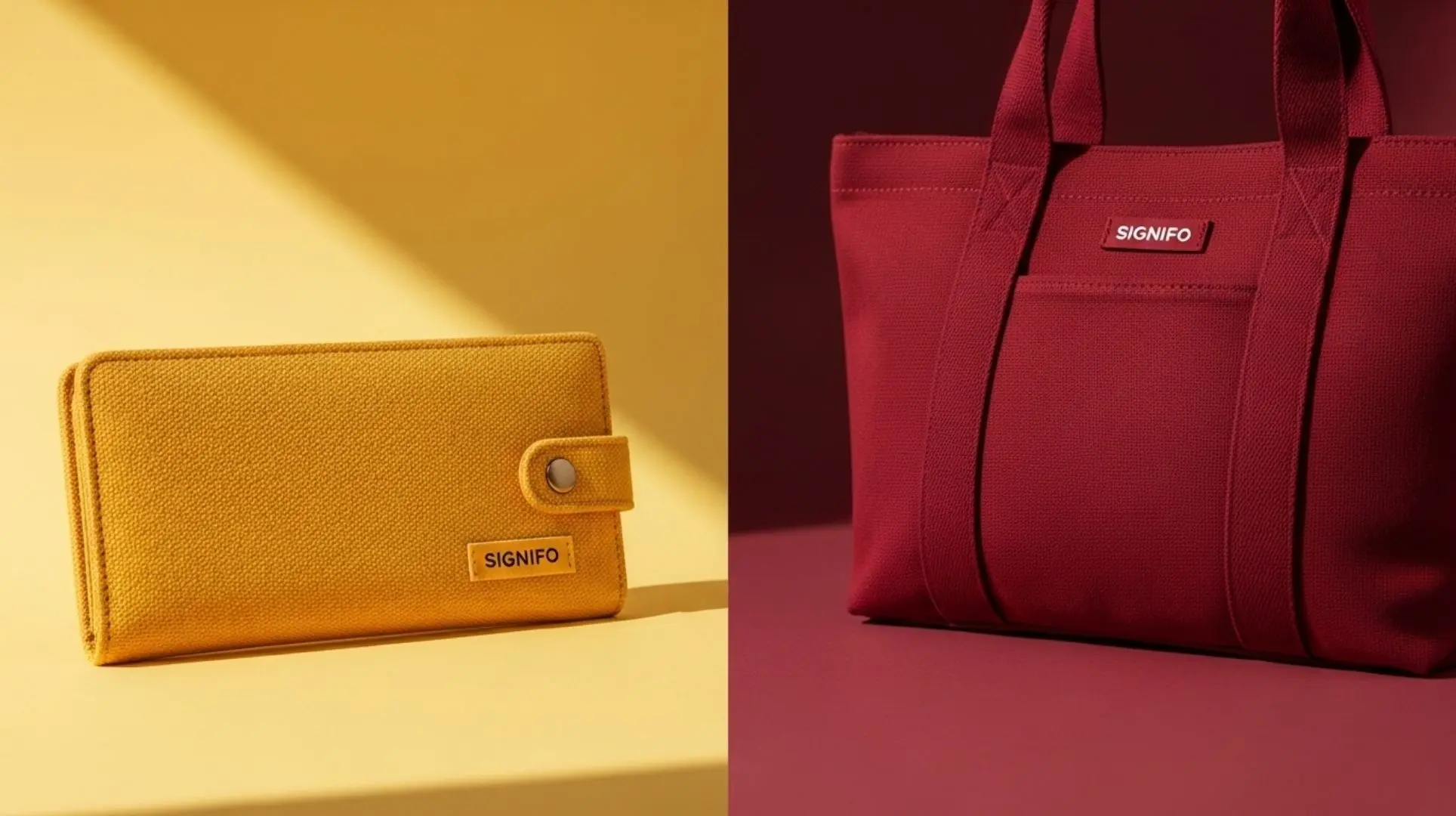 Produk jadi dari kain kanvas polyester Signifo berwarna Marigold Yellow dan Maroon Red dipajang berdampingan.